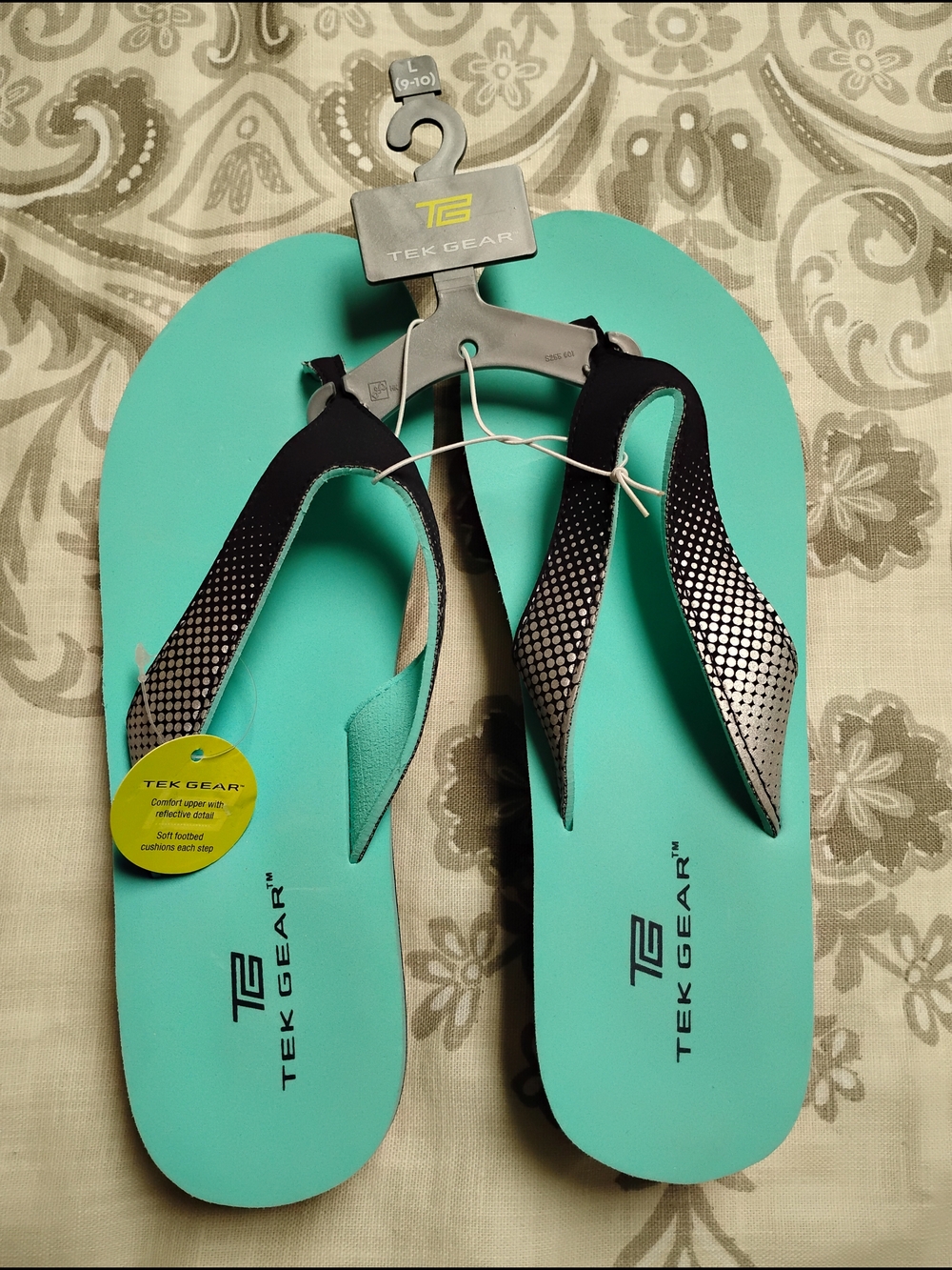 TEK GEAR Aqua Teal Flip Flop Sandals with Black Metallic Straps